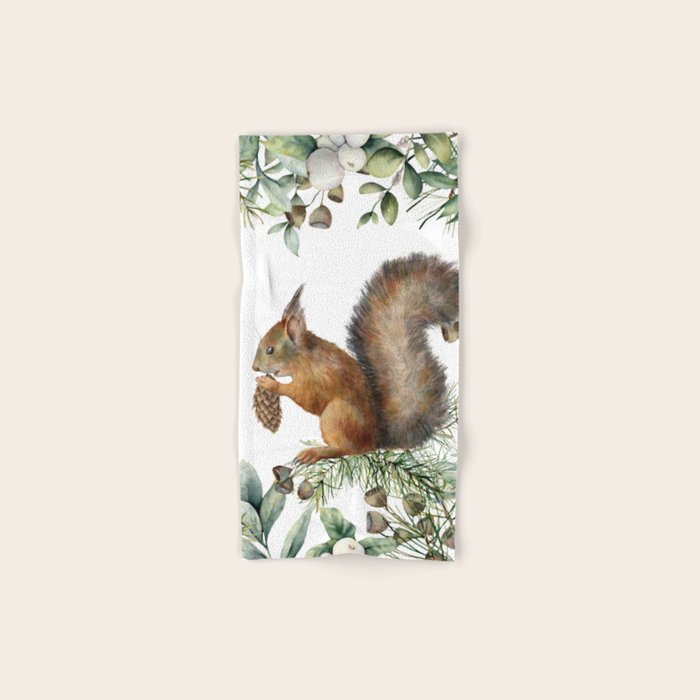 Cute Squirrel and Woodland, Watercolor Bath Towel Gallery Image 1
