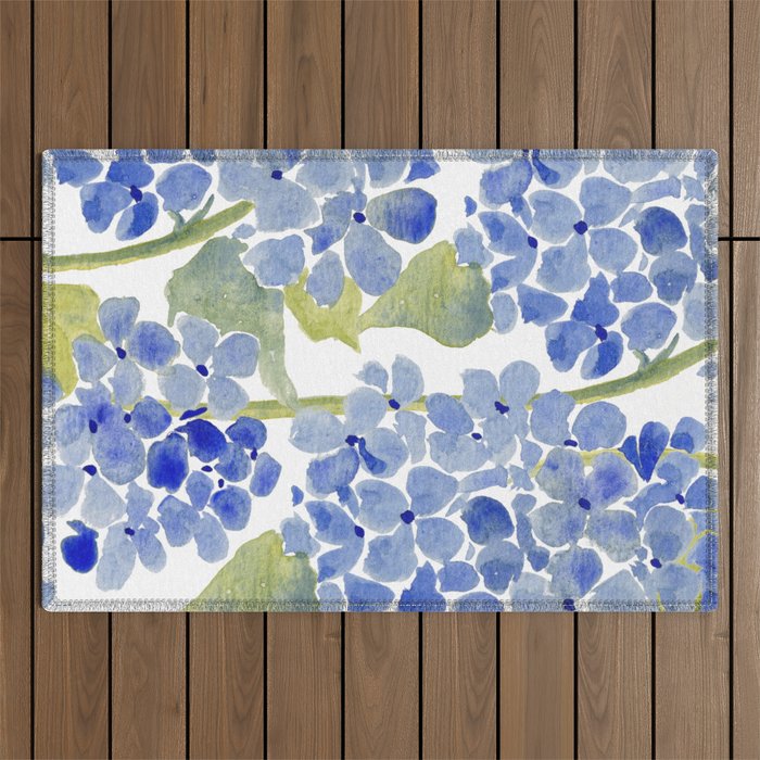 Blue Gouache Hydrangea Outdoor Rug
