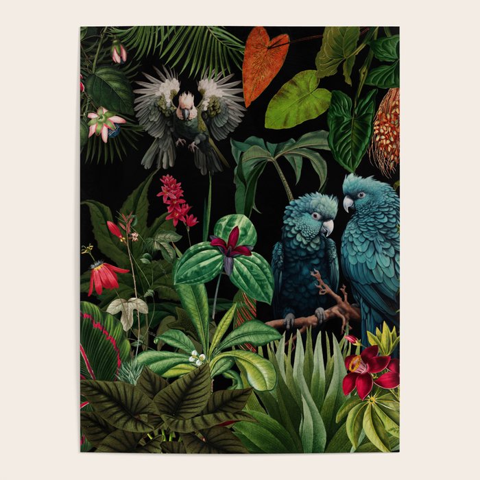 Midnight Vintage Exotic Flower And Birds Garden Jungle Poster Gallery Image 4