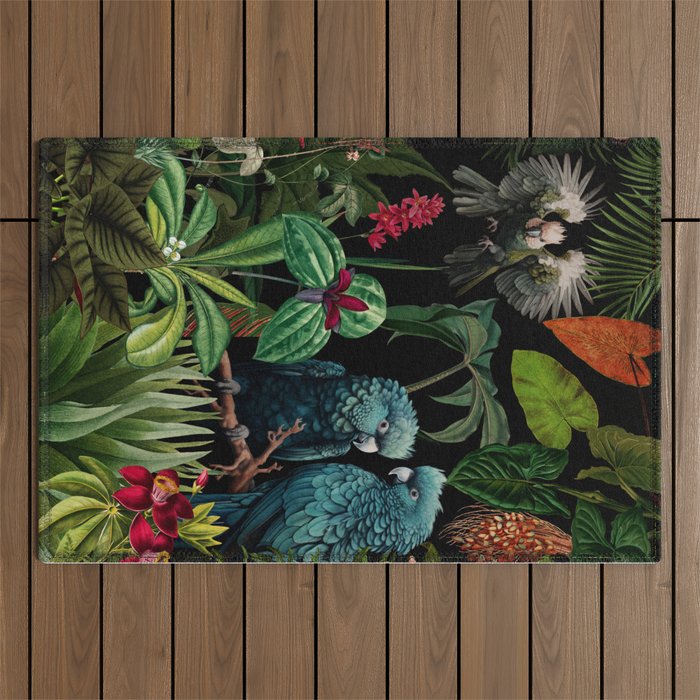 Midnight Vintage Exotic Flower And Birds Garden Jungle Outdoor Rug Gallery Image 1