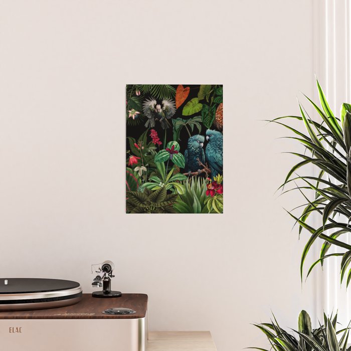 Midnight Vintage Exotic Flower And Birds Garden Jungle Poster Gallery Image 2