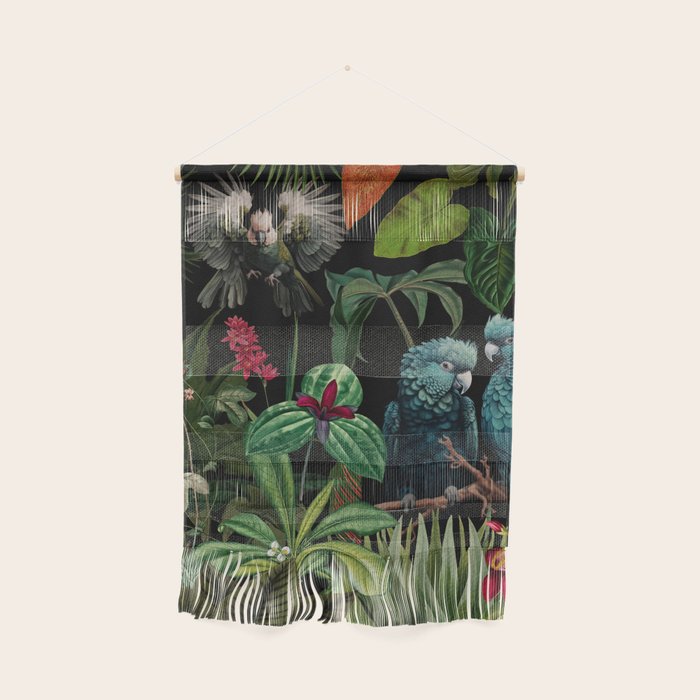 Midnight Vintage Exotic Flower And Birds Garden Jungle Wall Hanging Gallery Image 1