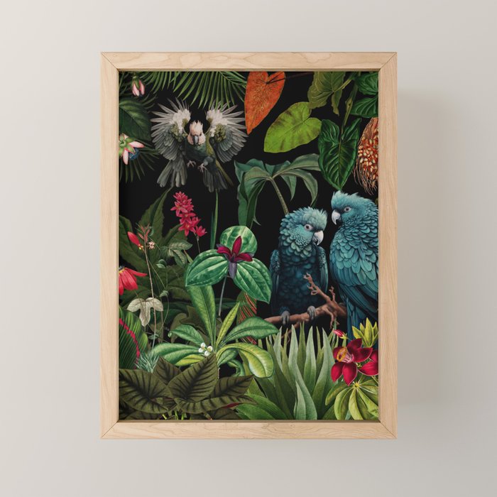 Midnight Vintage Exotic Flower And Birds Garden Jungle Mini Art Print Gallery Image 1