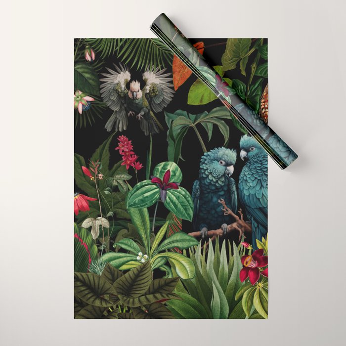Midnight Vintage Exotic Flower And Birds Garden Jungle Wrapping Paper Gallery Image 1