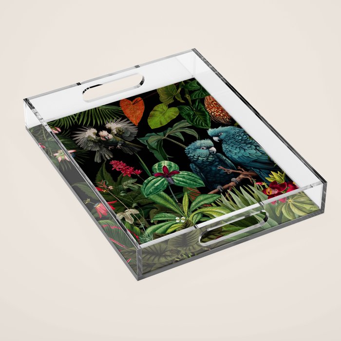 Midnight Vintage Exotic Flower And Birds Garden Jungle Acrylic Tray Gallery Image 1