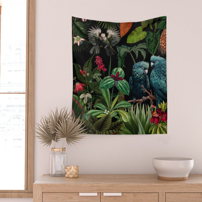 Midnight Vintage Exotic Flower And Birds Garden Jungle Wall Tapestry Gallery Image 2