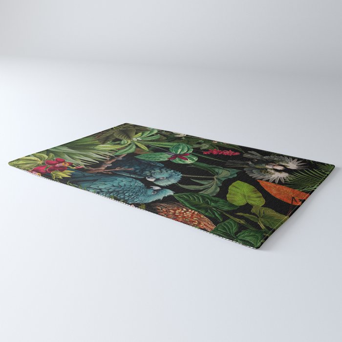 Midnight Vintage Exotic Flower And Birds Garden Jungle Rug Gallery Image 3