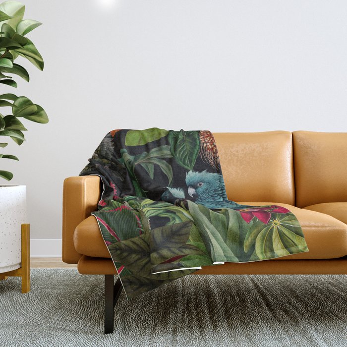 Midnight Vintage Exotic Flower And Birds Garden Jungle Throw Blanket Gallery Image 1