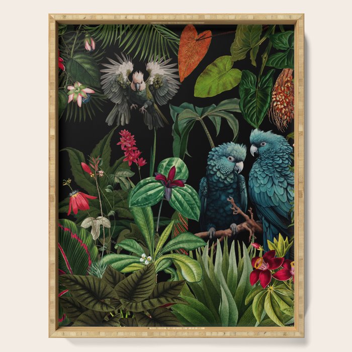 Midnight Vintage Exotic Flower And Birds Garden Jungle Serving Tray Gallery Image 1