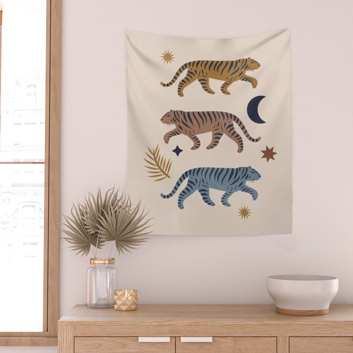 Celestial Tigers with Moon and Stars Wall Tapestry Gallery Image 2