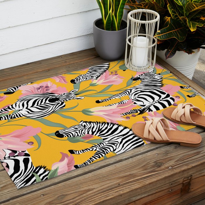 Striped For Life | Zebra Mango Forest | Modern Bohemian Wildlife Jungle | Botanical Nature Outdoor Rug Gallery Image 2