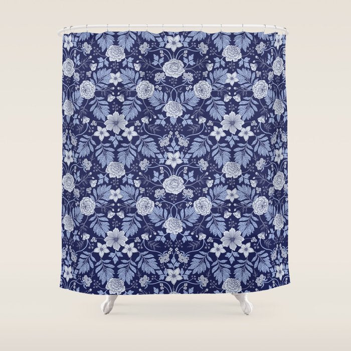 Light Blue, Cobalt Blue, & White Floral Pattern Shower Curtain Gallery Image 1