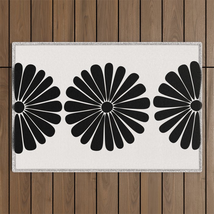Retro Daisy Abstract I Black and White Bold Floral Outdoor Rug Gallery Image 1