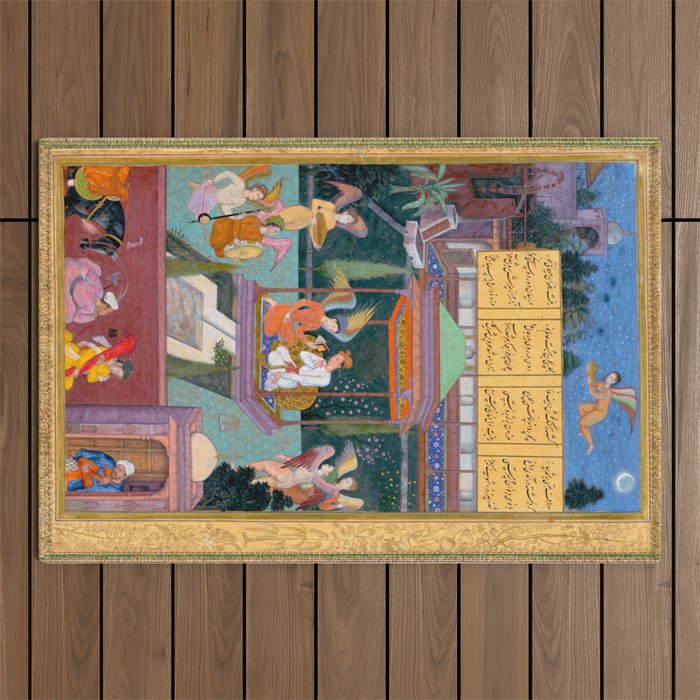 The Story of the Princess of the Blue Pavillion Antique Indian Miniature Painted Illustration Outdoor Rug Gallery Image 1