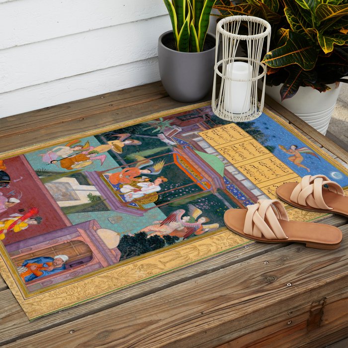 The Story of the Princess of the Blue Pavillion Antique Indian Miniature Painted Illustration Outdoor Rug Gallery Image 2
