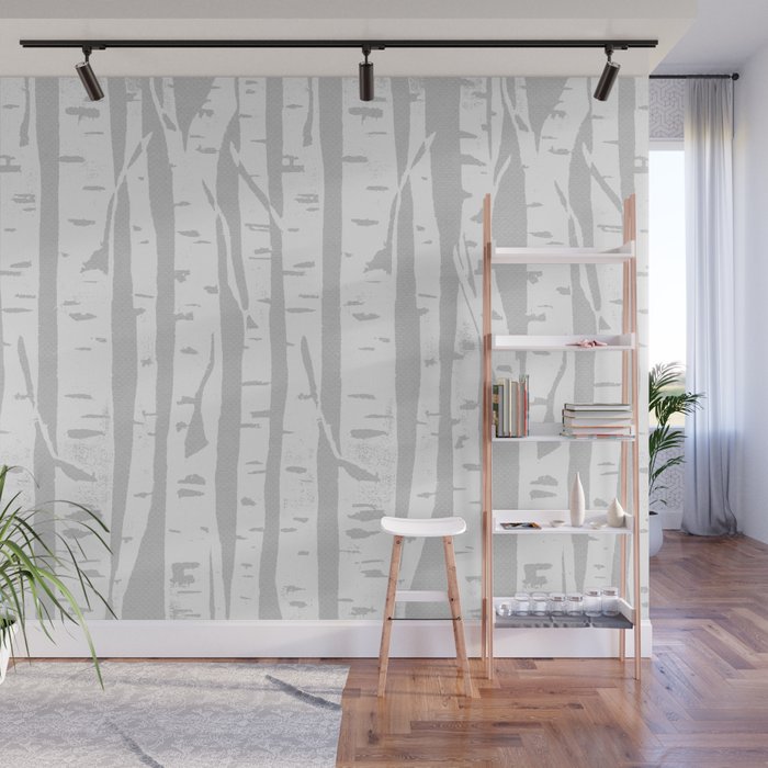 Woodcut Birches Grey Wall Mural Gallery Image 1