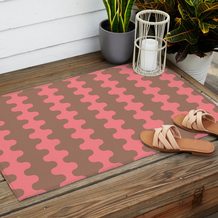Wavy Stripes Ogee A-Go-Go Eclectic Vertical Pattern in Mocha and Soft Pink Outdoor Rug Gallery Image 2