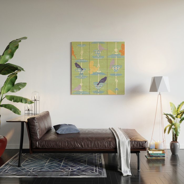 Garden Bird feeding may green Wood Wall Art Gallery Image 2