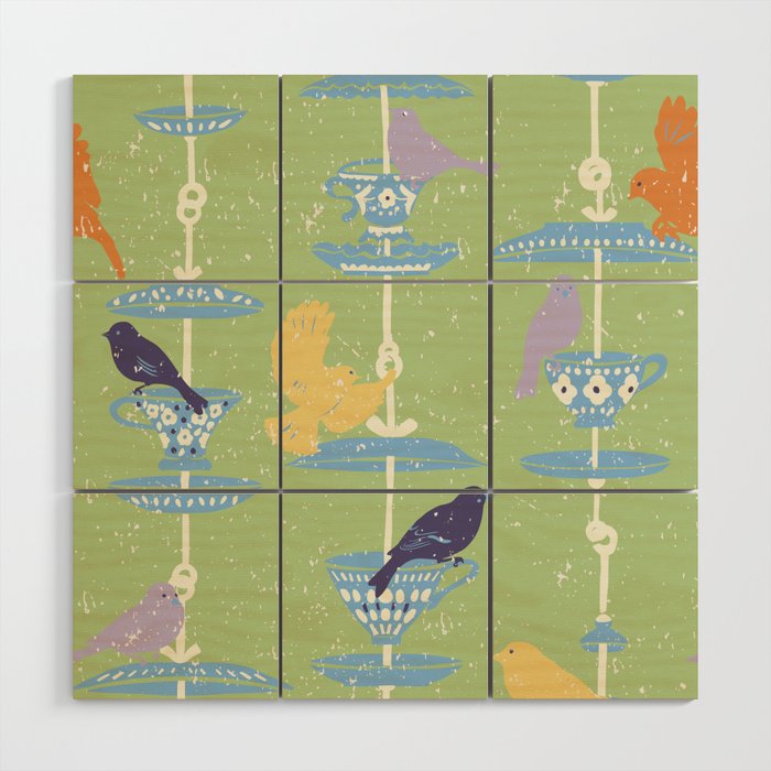 Garden Bird feeding may green Wood Wall Art Gallery Image 1