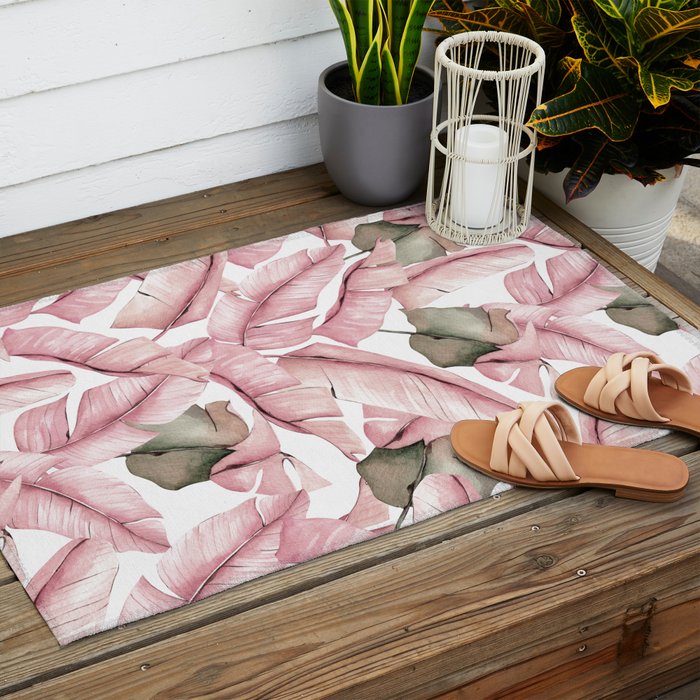 Tropical Banana Leaves, Watercolor Prints Outdoor Rug Gallery Image 2