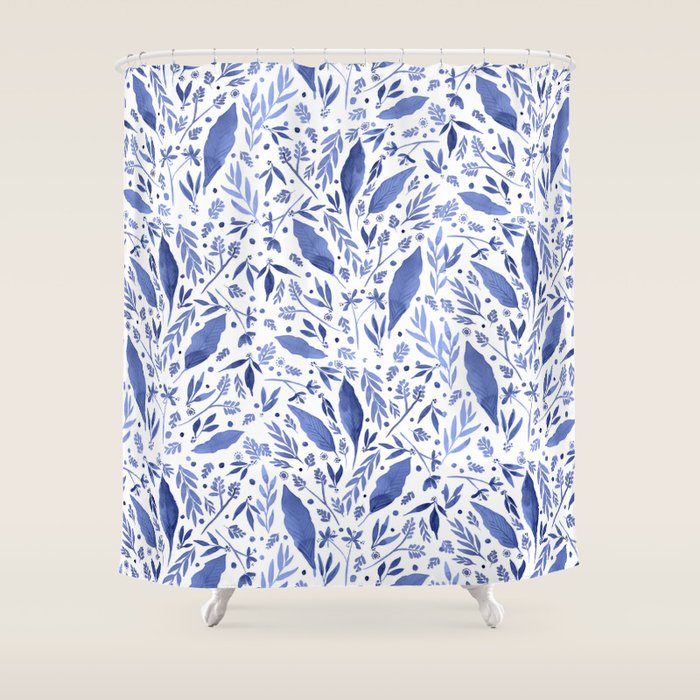 Delft Blue Floral Chinoiserie Foliage_Bloomartgallery Shower Curtain Gallery Image 1