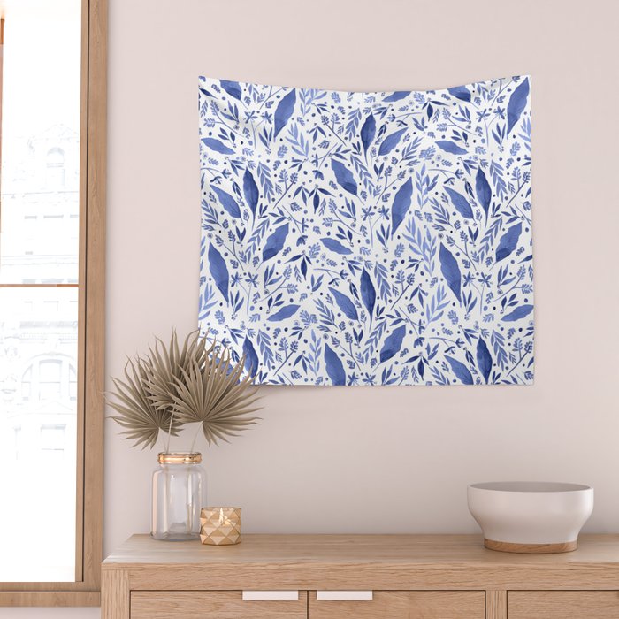 Delft Blue Floral Chinoiserie Foliage_Bloomartgallery Wall Tapestry Gallery Image 2
