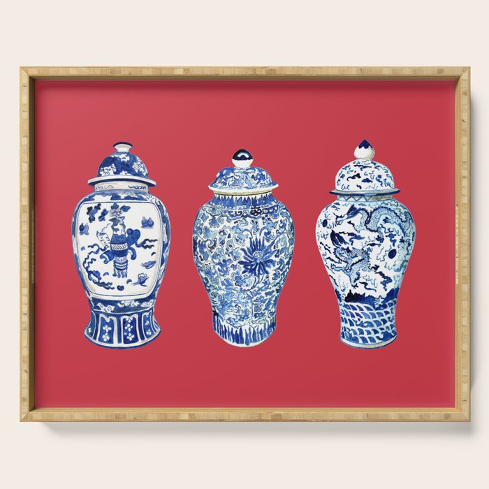 GINGER JAR TRIO ON RED Serving Tray Gallery Image 1