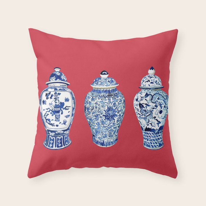 GINGER JAR TRIO ON RED Throw Pillow Gallery Image 6