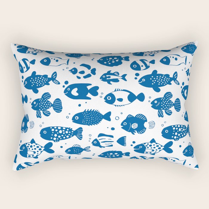 Blue Fish Pattern Minimal Coastal Ocean Rectangular Pillow Gallery Image 1