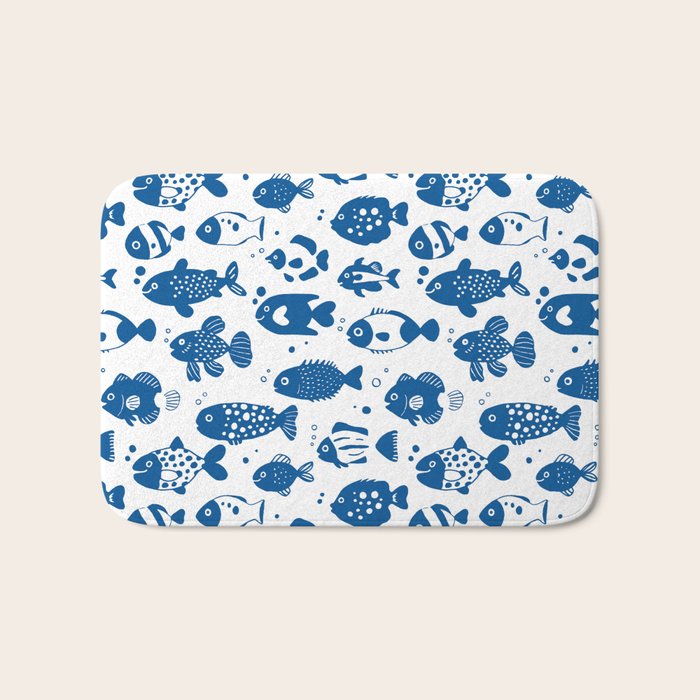Blue Fish Pattern Minimal Coastal Ocean Bath Mat Gallery Image 1