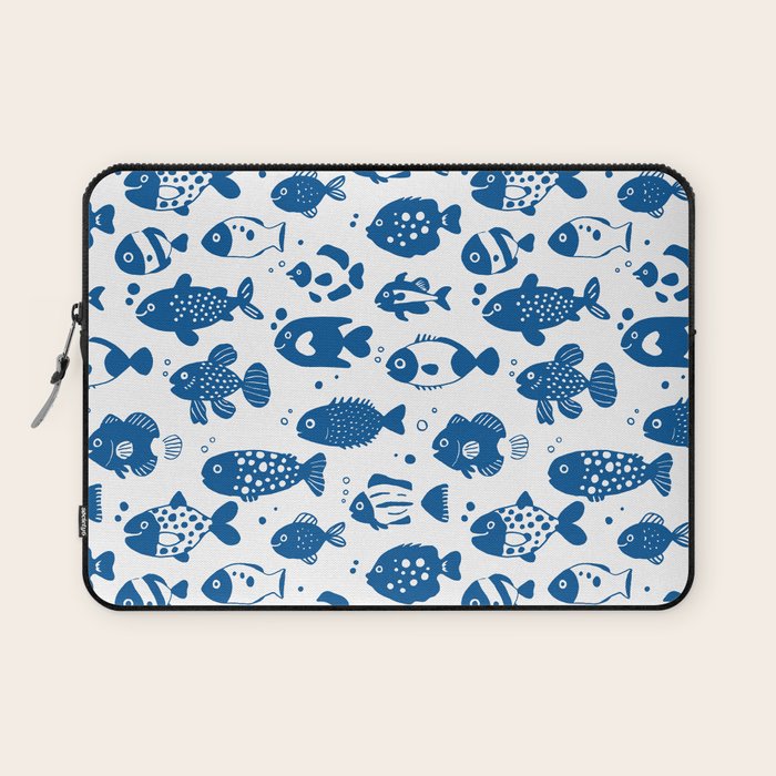 Blue Fish Pattern Minimal Coastal Ocean Laptop Sleeve Gallery Image 1