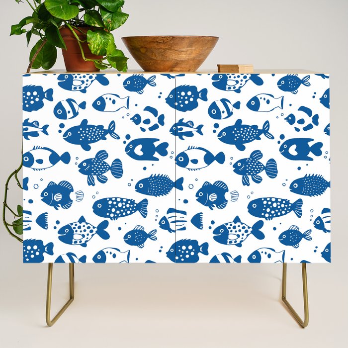 Blue Fish Pattern Minimal Coastal Ocean Credenza Gallery Image 1