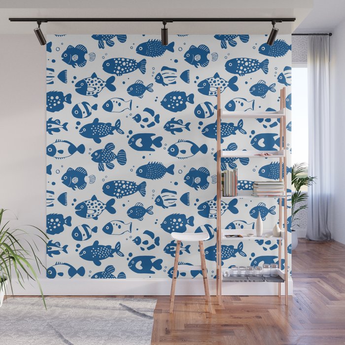 Blue Fish Pattern Minimal Coastal Ocean Wall Mural Gallery Image 1
