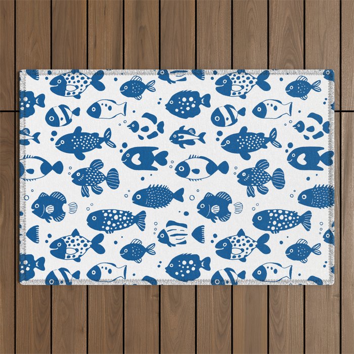 Blue Fish Pattern Minimal Coastal Ocean Outdoor Rug Gallery Image 1