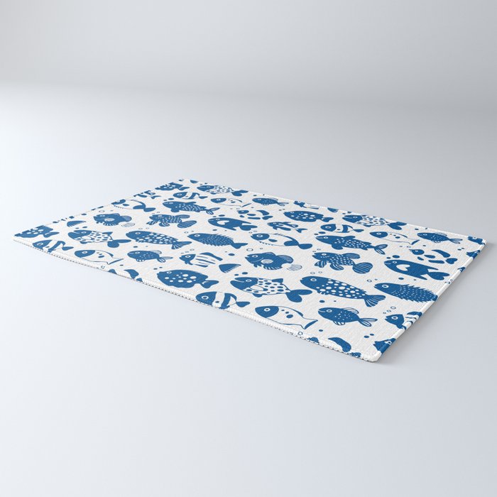 Blue Fish Pattern Minimal Coastal Ocean Rug Gallery Image 3