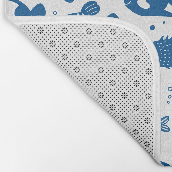 Blue Fish Pattern Minimal Coastal Ocean Bath Mat Gallery Image 2