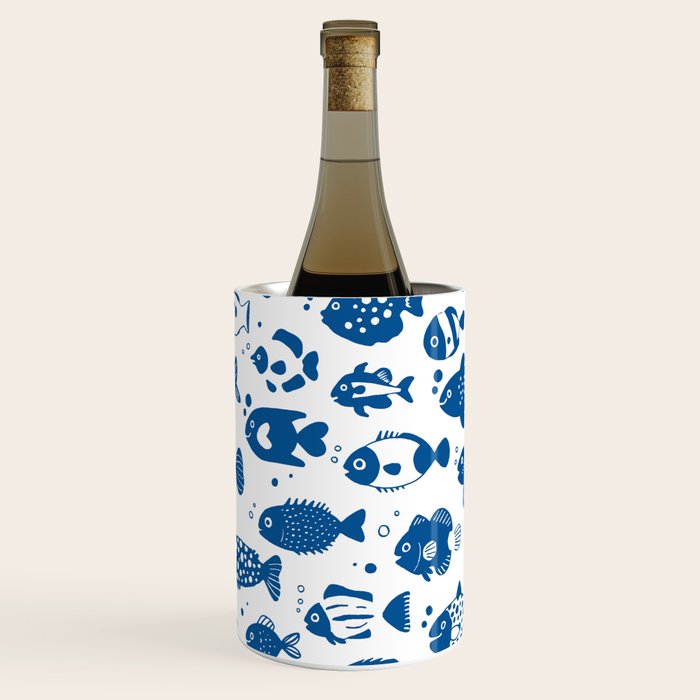 Blue Fish Pattern Minimal Coastal Ocean Wine Chiller Gallery Image 1