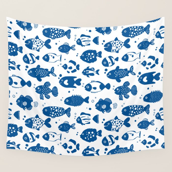 Blue Fish Pattern Minimal Coastal Ocean Wall Tapestry Gallery Image 1