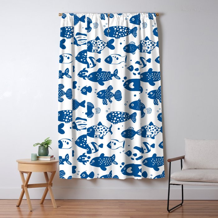 Blue Fish Pattern Minimal Coastal Ocean Window Curtain Gallery Image 5