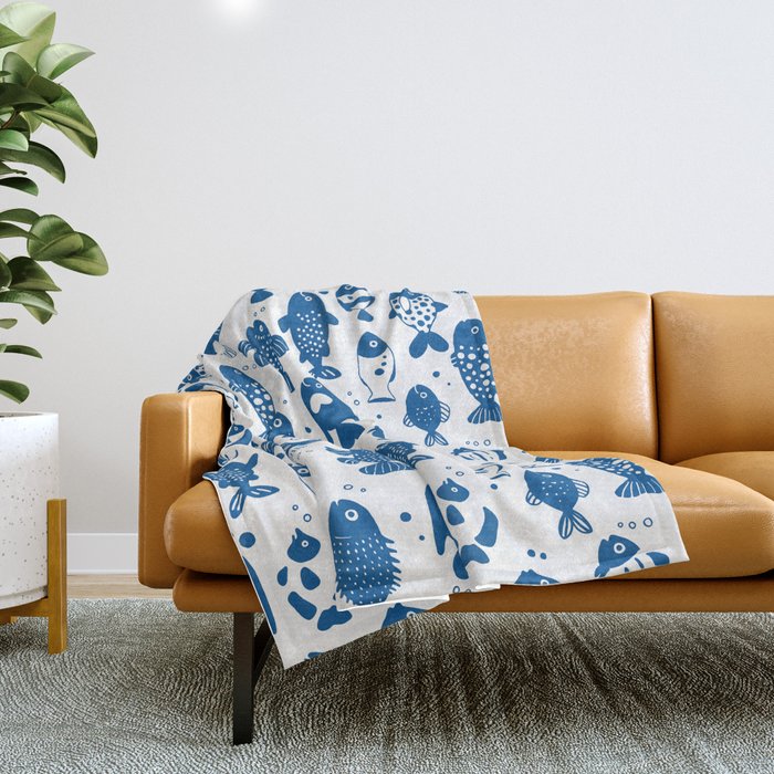 Blue Fish Pattern Minimal Coastal Ocean Throw Blanket Gallery Image 1