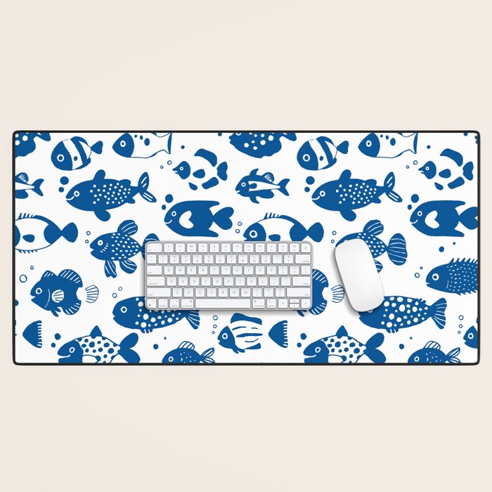 Blue Fish Pattern Minimal Coastal Ocean Desk Mat Gallery Image 1