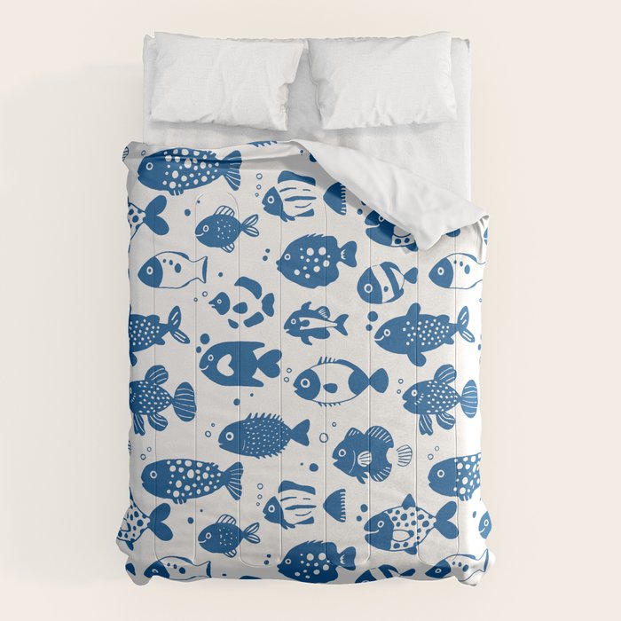 Blue Fish Pattern Minimal Coastal Ocean Comforter Gallery Image 6