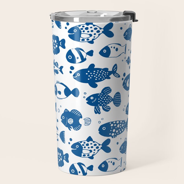 Blue Fish Pattern Minimal Coastal Ocean Travel Mug Gallery Image 2