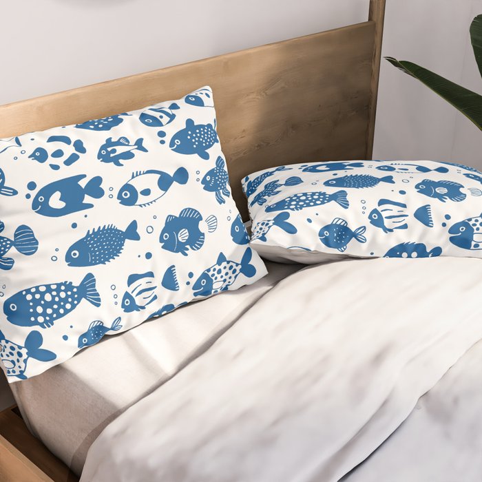 Blue Fish Pattern Minimal Coastal Ocean Pillow Sham Gallery Image 2