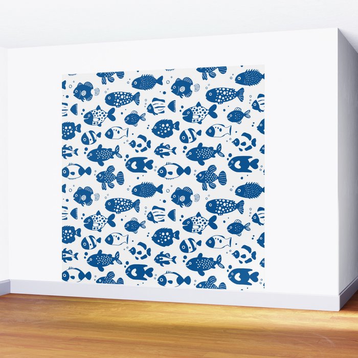 Blue Fish Pattern Minimal Coastal Ocean Wall Mural Gallery Image 2