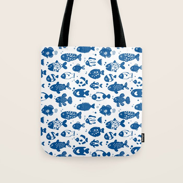 Blue Fish Pattern Minimal Coastal Ocean Tote Bag Gallery Image 1
