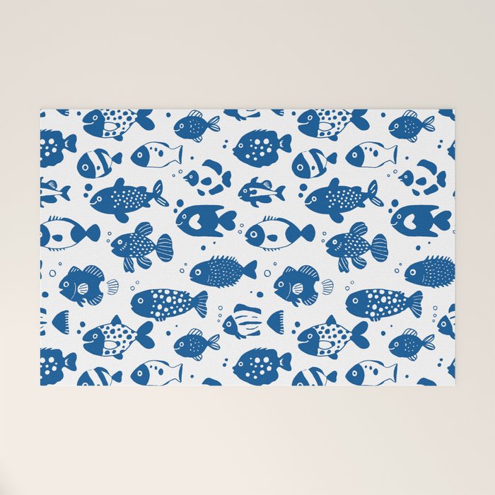 Blue Fish Pattern Minimal Coastal Ocean Welcome Mat Gallery Image 1