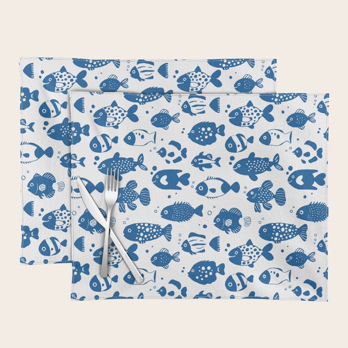 Blue Fish Pattern Minimal Coastal Ocean Placemat Gallery Image 1