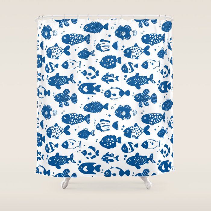 Blue Fish Pattern Minimal Coastal Ocean Shower Curtain Gallery Image 1