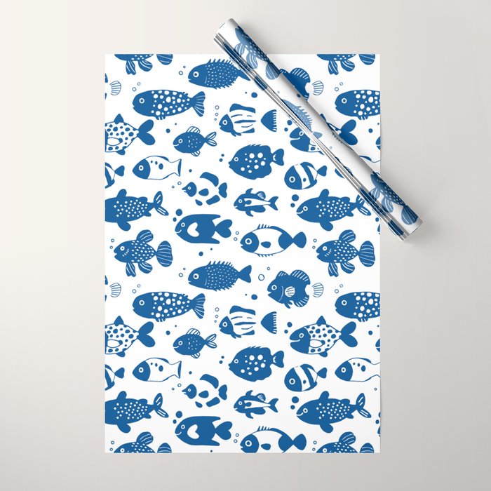 Blue Fish Pattern Minimal Coastal Ocean Wrapping Paper Gallery Image 1